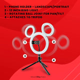 Disney Mickey Mouse Ring Light- 12 Inch LED Ring Light with Tripod and Built in Phone Holde and 3 Light Settings- Mickey Mouse Gifts