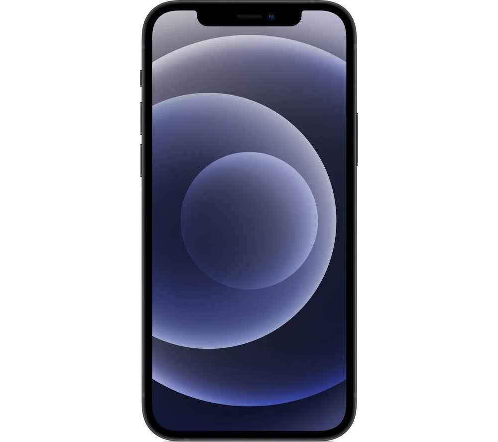 An Apple iPhone 12 in black color, showing the front of the smartphone with the screen on.
