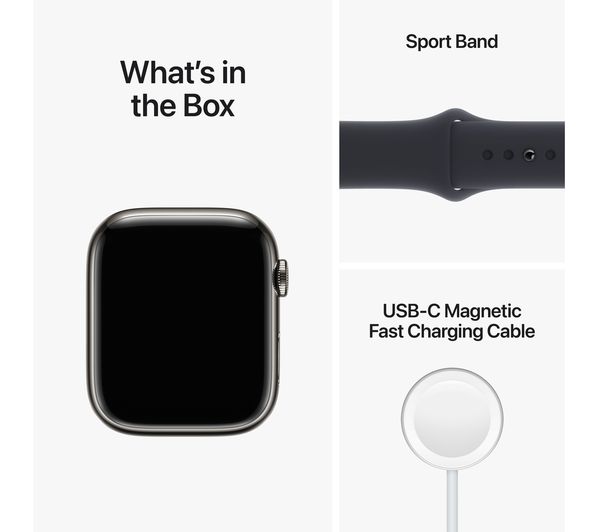 APPLE Watch Series 8 Cellular - Graphite Stainless Steel with Midnight Sport Band, 45mm - Very Good