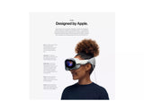 Person wearing Apple-branded VR headset with text 'Designed by Apple' on a white background
