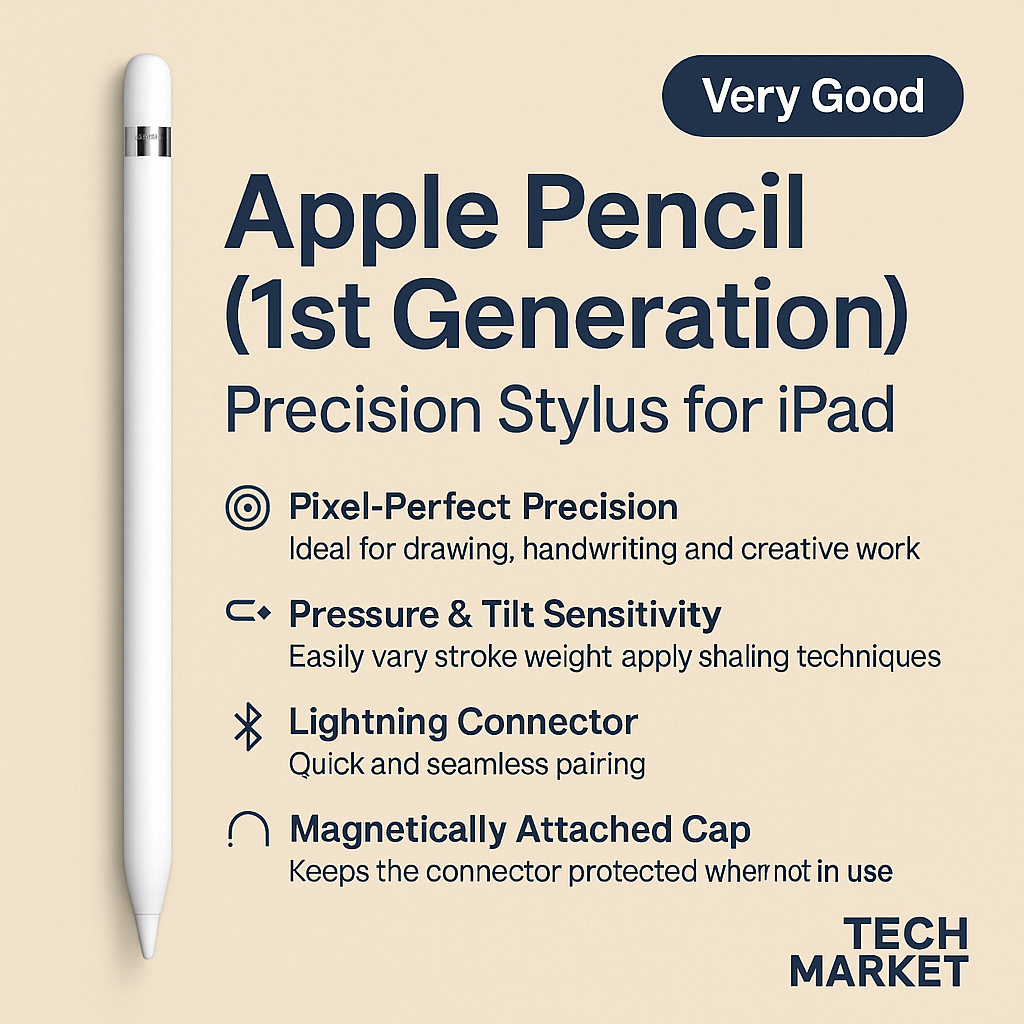 Apple Pencil (1st Generation) Very Good condition with Tech Market branding, beige background, and key features listed alongside product image.