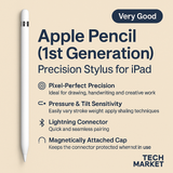 Apple Pencil (1st Generation) Very Good condition with Tech Market branding, beige background, and key features listed alongside product image.