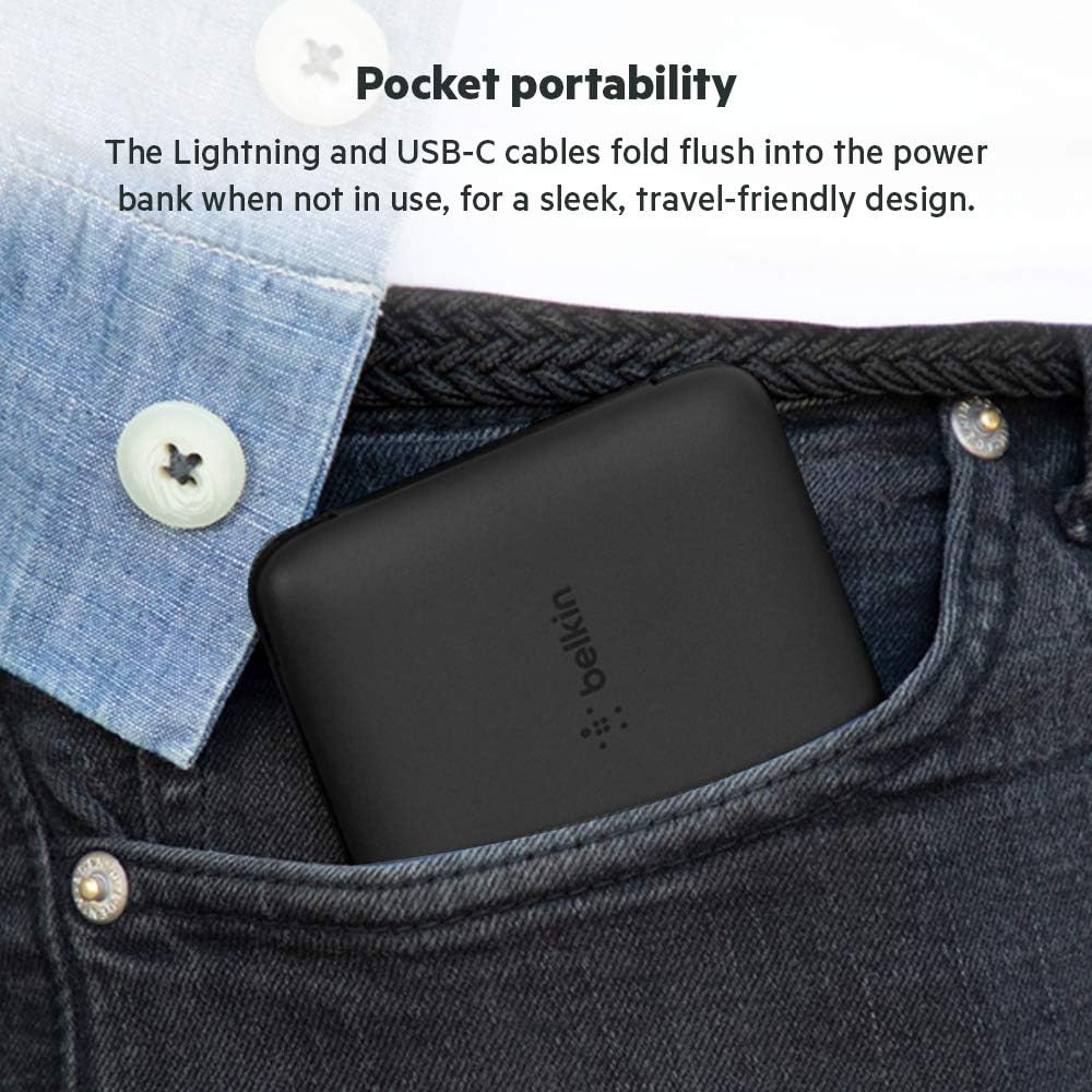 Belkin BOOSTCHARGE Plus 10K Portable Charger Power Bank (10,000 mAh with Integrated Lightning (MFI) and Integrated USB-C Cables and Additional USB-C Charging Port) - Black