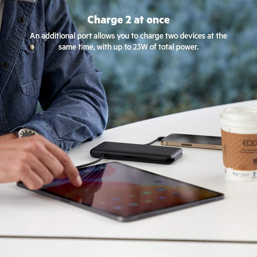 Belkin BOOSTCHARGE Plus 10K Portable Charger Power Bank (10,000 mAh with Integrated Lightning (MFI) and Integrated USB-C Cables and Additional USB-C Charging Port) - Black