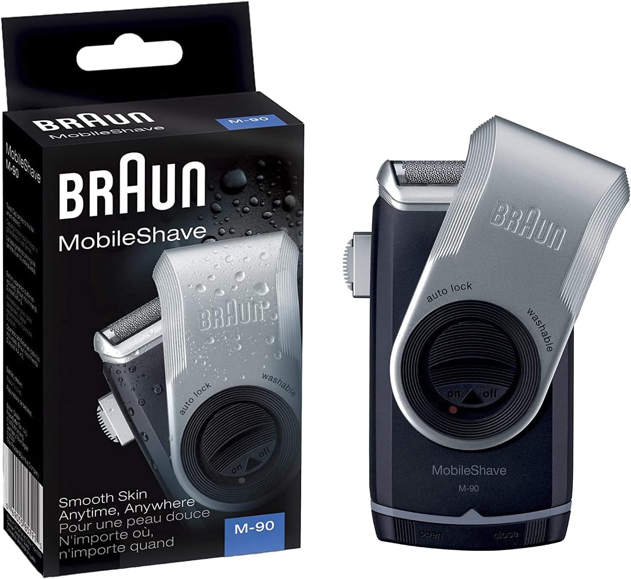 Braun PocketGo Mobile Shave Electric Travel Shaver, for On The Go, Fully Washable, M90, Black/Silver
