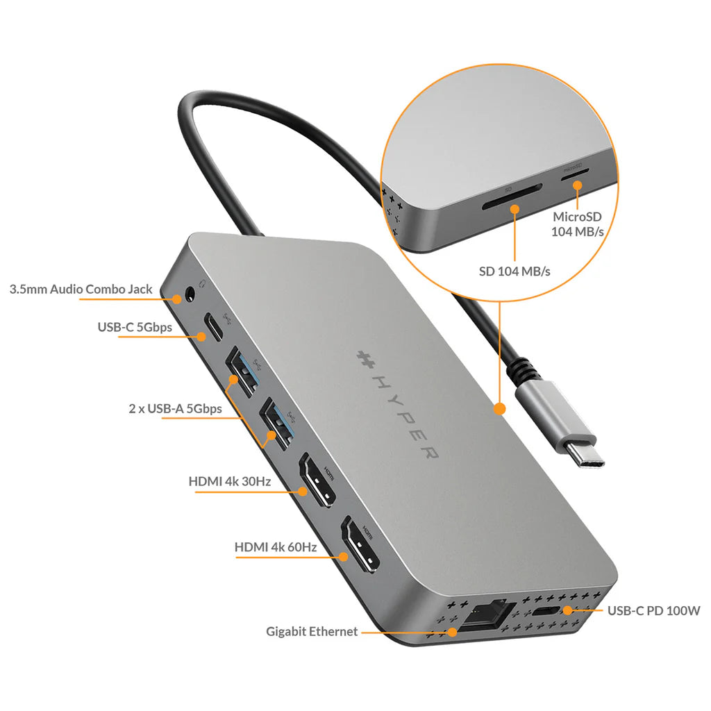 HyperDrive Dual 4K HDMI 10-in-1 USB-C Hub for M3, M2, & M1 Macbooks
