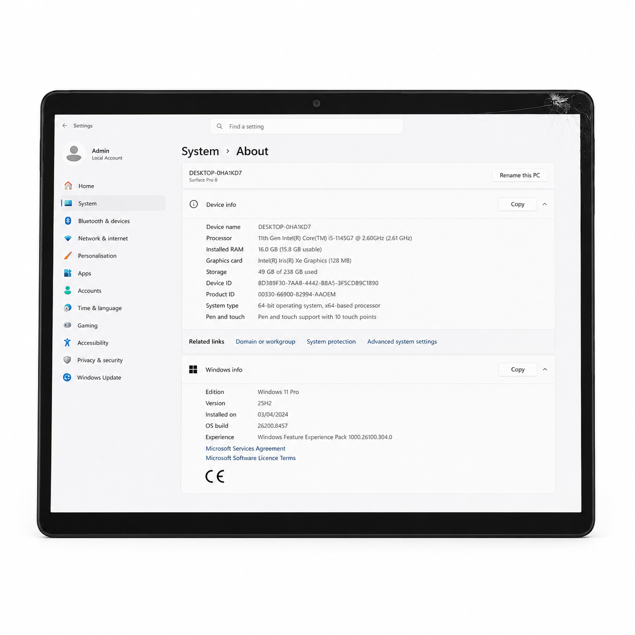 Microsoft Surface Pro 8 13" i5-1145G7 16GB RAM 256GB SSD - Cracked Glass - Working REF#85616-24
