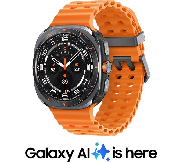 Samsung Galaxy Watch Ultra in titanium grey and orange with a black dial, displayed on a white background with the text 'Galaxy AI is here'.