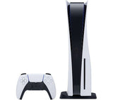 Sony PlayStation 5 gaming console with a disc drive, alongside its new DualSense controller, showcasing the white and black color design.